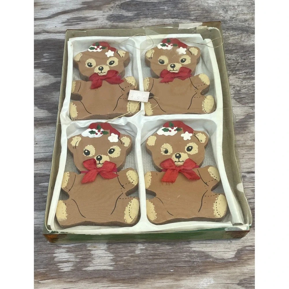 Vintage Wooden Teddy Bear Christmas Ornaments Lot Of 4 3.5